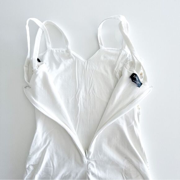 Bebe Dress Bodycon White Gold Silver Embellishments Lined Women 's M Back Zip - Picture 5 of 11